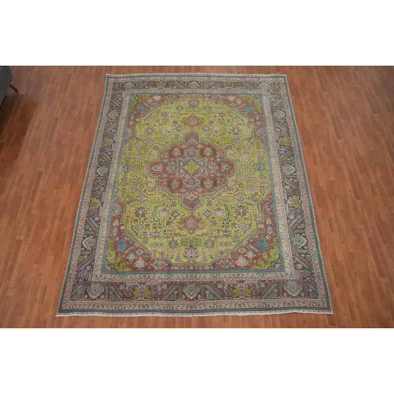Hand Knotted Oriental 100% Wool Carpet Traditional Medallion Green Tabriz Area Rug - 12' 6'' X 9' 9''