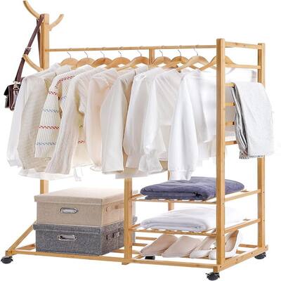 Clothing Rack Bamboo Garment Rack Rolling - 15"D x 39"W x 69"H
