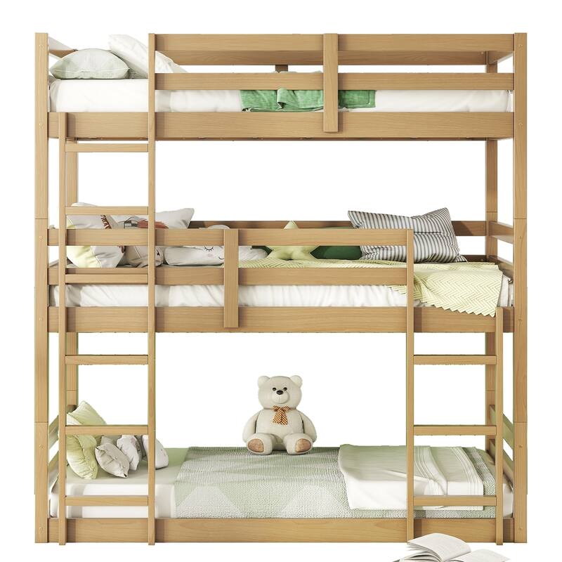 Space-Saving Triple Twin Bunk Bed, Rubber Wood Construction, Detachable into Three Beds, with Guardrails