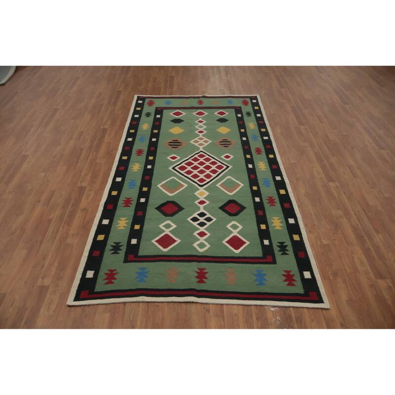 Hand Woven Oriental 100% Wool Carpet Southwestern Tribal Green Kilim Area Rug - 9' 8'' X 5' 1''
