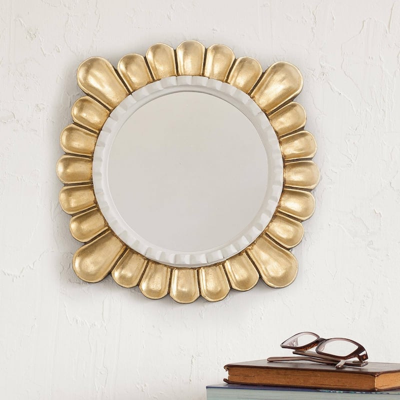 Handmade Colonial Petals Bronze Gilded Wood Mirror (Peru) - 30 cm H x 30 cm W x 5 cm D