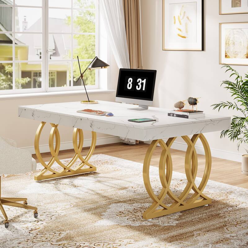 63'' Executive Desk, Modern Office Desk White and Gold Computer Desk