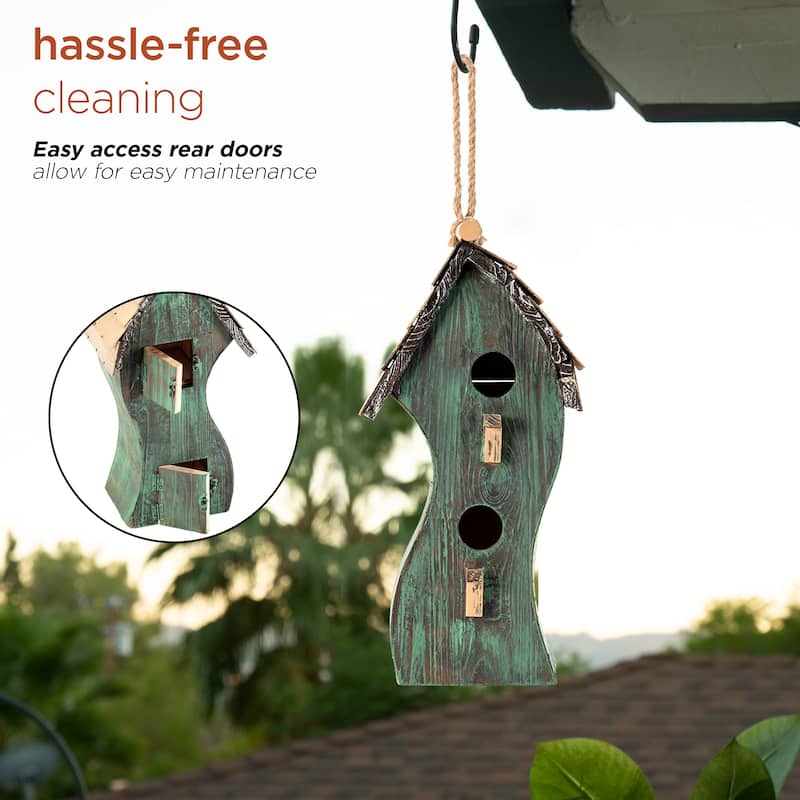 Alpine Corporation 17" Tall Outdoor Artful Swirly Hanging Wooden Birdhouse, Green