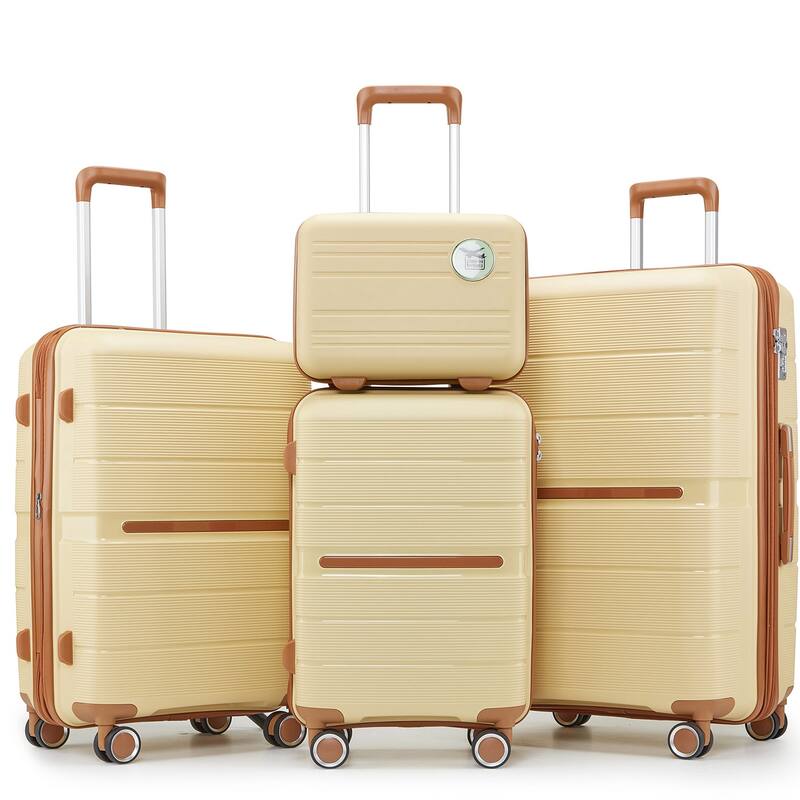 Luggage 4 Piece Sets, Expandable Carry On Luggage Set Hardshell PP, Suitcase Set with Wheels and Adjustable 3-level Handle - Apricot Cream+Beige