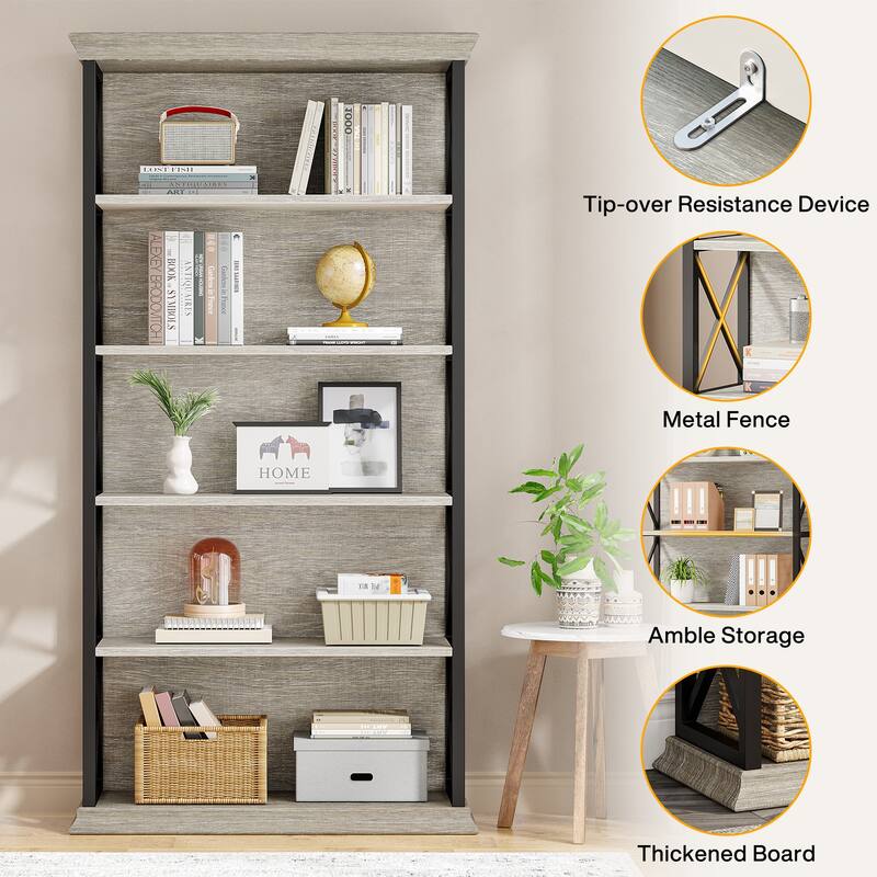 5-Tier Industrial Bookcase, 71 Inches Bookshelves and Bookcases
