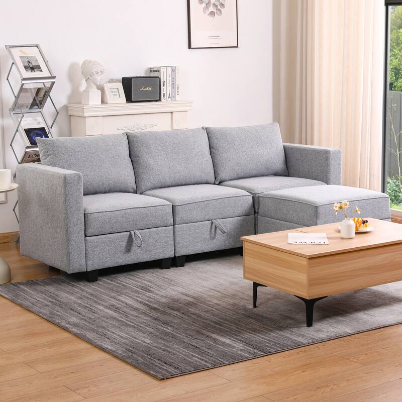 87" Burlap L-Shaped Modular 3-Seater Sofa with Ottoman & Storage
