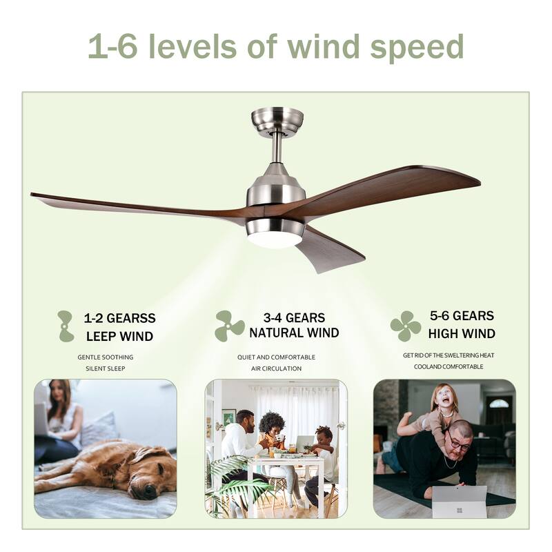 52" Ceiling Fan with Lights Remote Control,Quiet DC Motor 3 Wood Blade Ceiling Fans 6 Speed Levels,Reversible Ceiling Fan