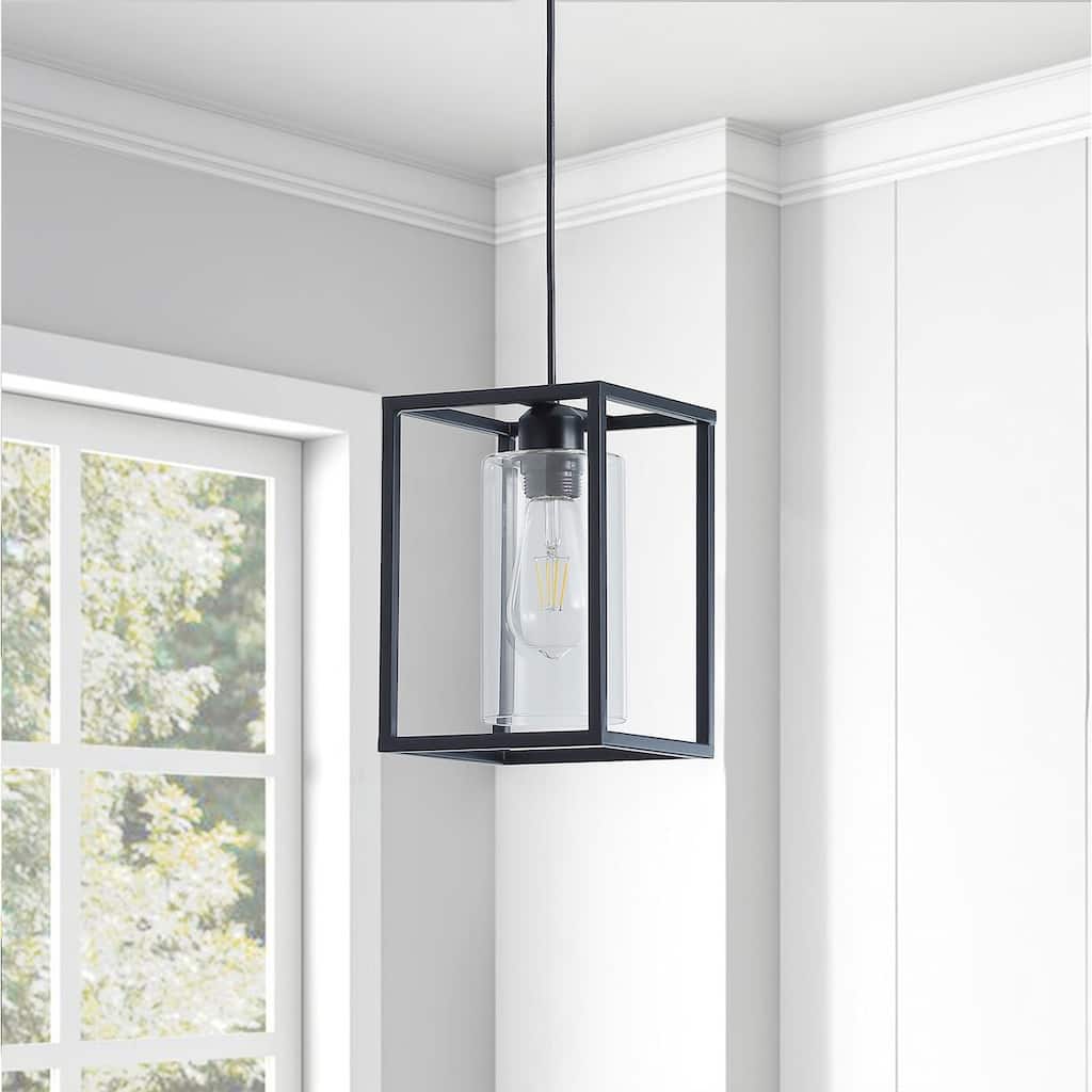 Black 1-Light Rectangular Clear Glass Design Pendant
