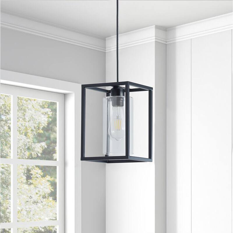 Black 1-Light Rectangular Clear Glass Design Pendant - Black