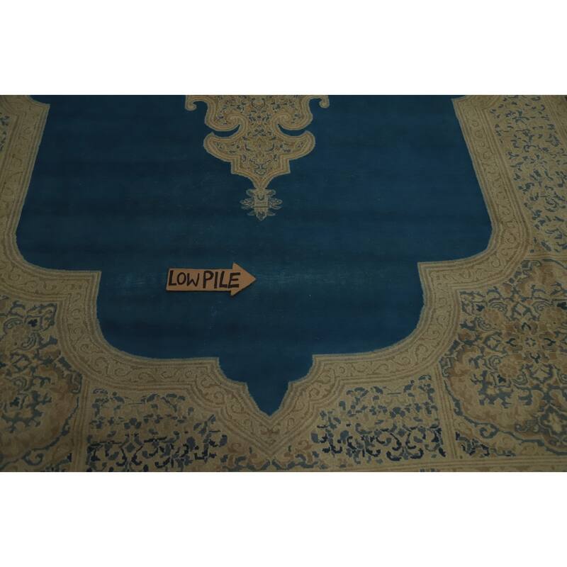 Hand Knotted Oriental 100% Wool Carpet Traditional Medallion Navy Blue & Blues Kerman Area Rug - 12' 3'' X 9' 7''