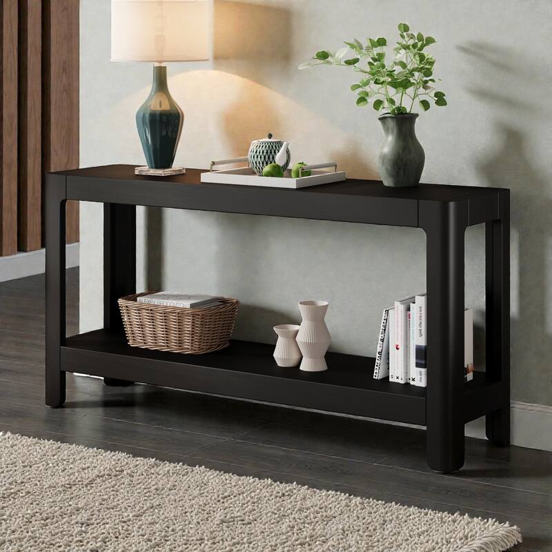 Modern Farmhouse Console Table with Solid Wood Veneer Top and Rounded Corners, Minimalist Entryway Table for Living Room