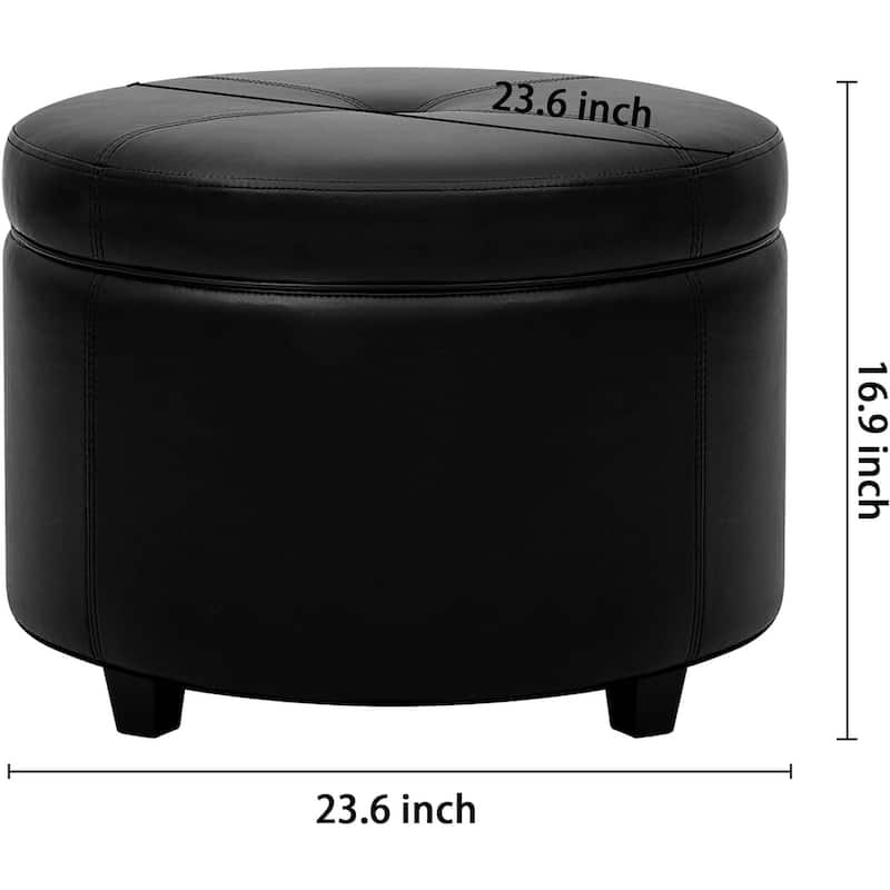 Round Leatherette Storage Ottoman with Lid for Living Room, Black