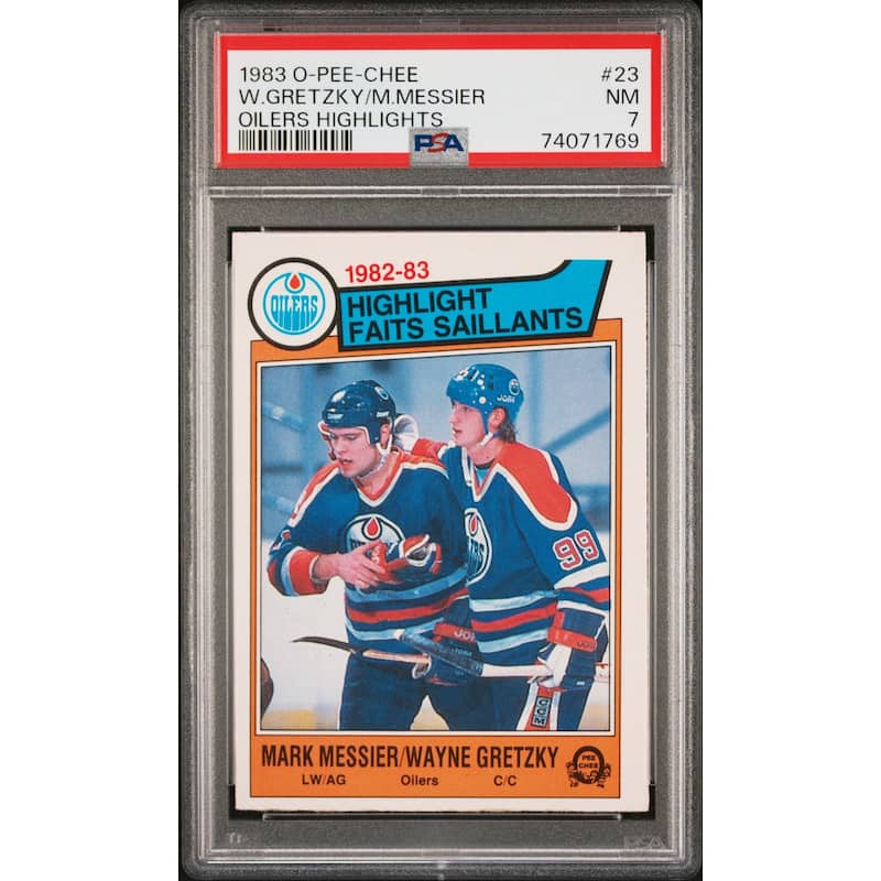 Wayne Gretzky and Mark Messier 1983 O-Pee-Chee Highlights Card #23 Graded PSA 7 - 8'6" x 11'6"