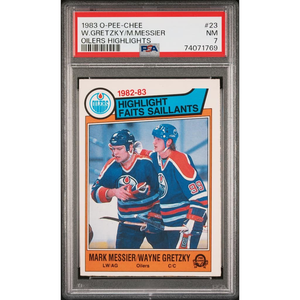 Wayne Gretzky and Mark Messier 1983 O-Pee-Chee Highlights Card #23 Graded PSA 7 - 8'6" x 11'6"