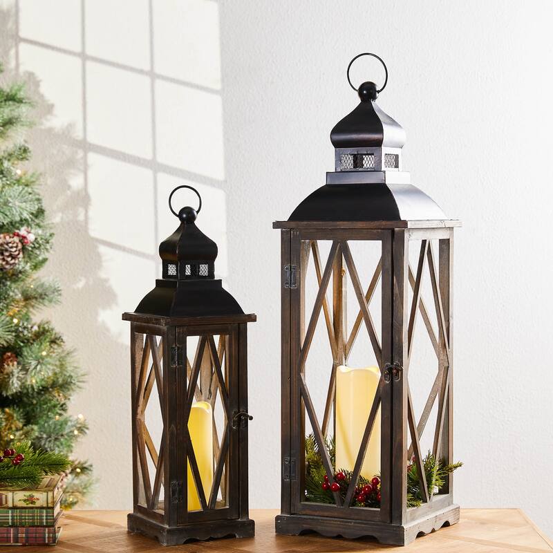 Glitzhome 2-piece Vintage Farmhouse Style Wood/ Metal Lantern Set