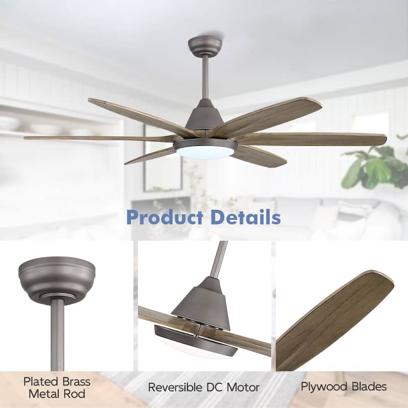 MLiAN Wood Blade LED Ceiling Fan Remote Control 6-Speed DC - 60''