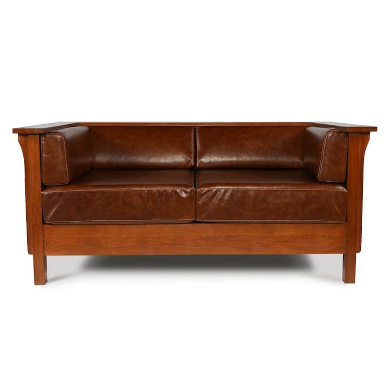 Arts And Crafts / Craftsman Cubic Panel Side Love Seat - Russet Brown Leather (RB2)
