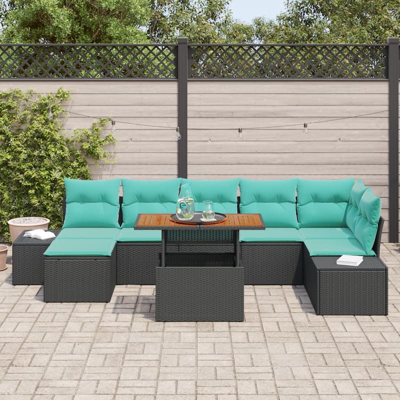 vidaXL 8 Piece Garden Sofa Set with Cushions Black Poly Rattan - 125.6×60.6×27.2