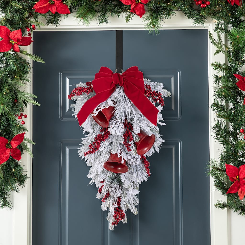 Glitzhome 30"H Flocked Red Bell & Berry Bow Teardrop