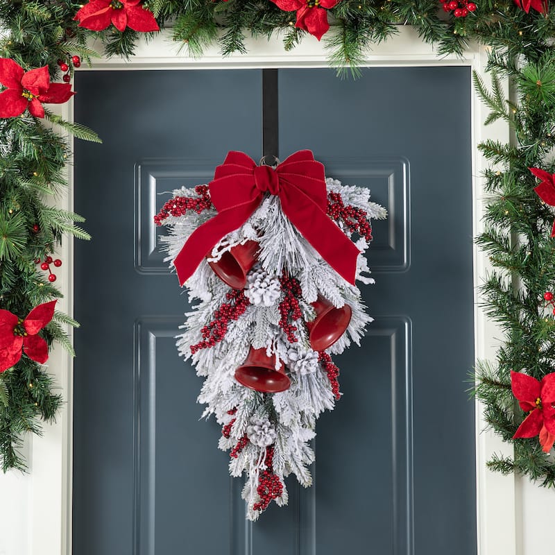 Glitzhome Christmas Berry Bow Pinecone Bell Holy Leaf Teardrop Swag Xmas Wreath