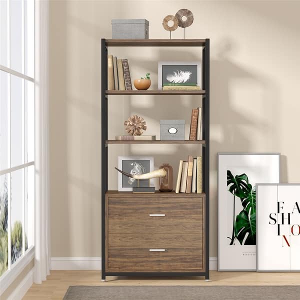 slide 2 of 4, Industrial Bookshelf with Drawers Etagere Bookcase Brown