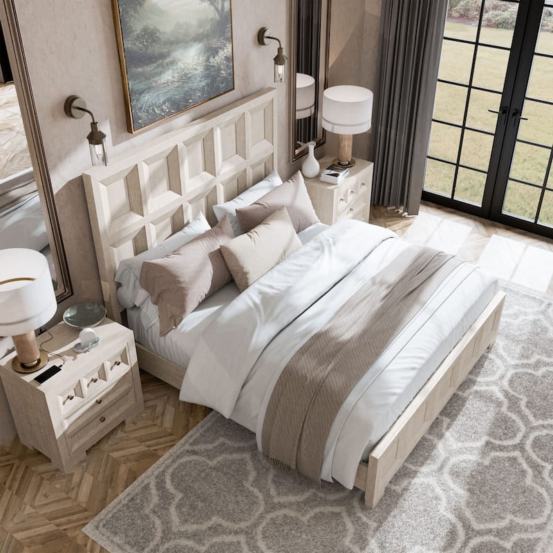 Furniture of America Durem Modern Classic 3-Piece Solid Wood Panel Bedroom Set with 3-Drawer Nightstand - Tawny - King