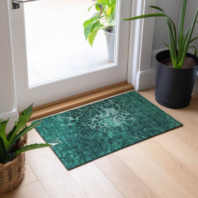 Machine Washable Indoor/ Outdoor Chantille Modern Floral Rug - Teal - 1'8" x 2'6"