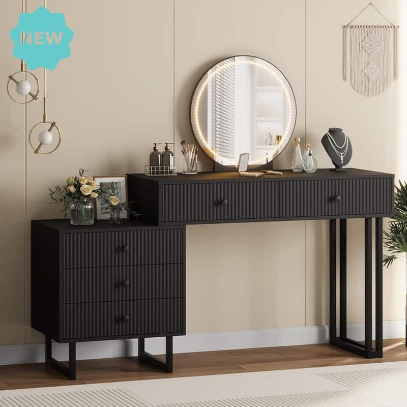 Modern Vanity Desk with LED Mirror, Adjustable Brightness Lights, 5 Drawers