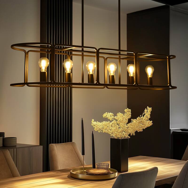 Oriea Modern 6-Light Black Large Rectangle Chandelier for Kitchen Island Dining Room - L 48" x W 12" x H 8.7"