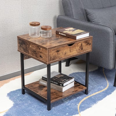 JJS Nightstand with Drawer & Shelves Bedside Table, End Table for Bedroom, Living Room Compact Storage Side Table
