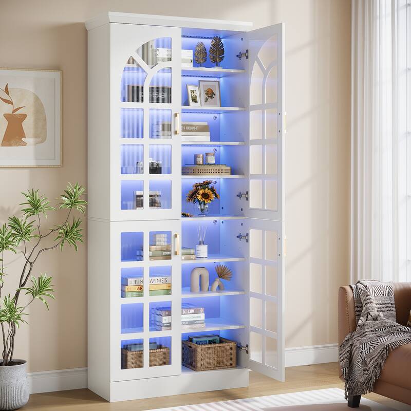 76" Tall Storage Cabinet with Doors, LED Lights, Adjustable Shelves - White