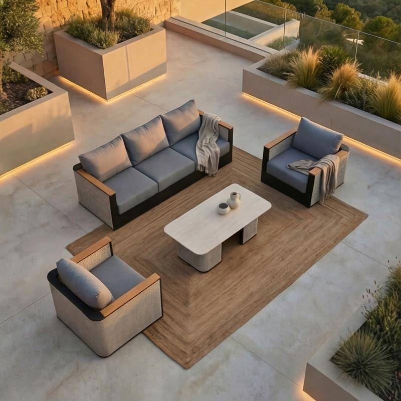 Arvin 4-Piece Outdoor Patio Conversation Set in Aluminum with Olefin Fabric Cushions Sintered Stone Rectangular Coffee Table