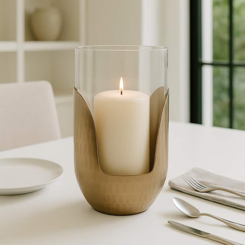 Decorative Glass Hurricane Candle Holder with Metal Base - Gold & Clear - 10.5"