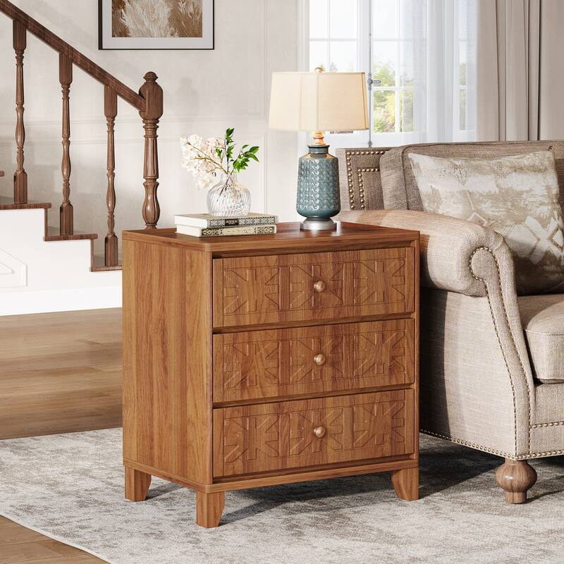 Nightstand Bedside Table with 3 Drawers and Elegant Patterns