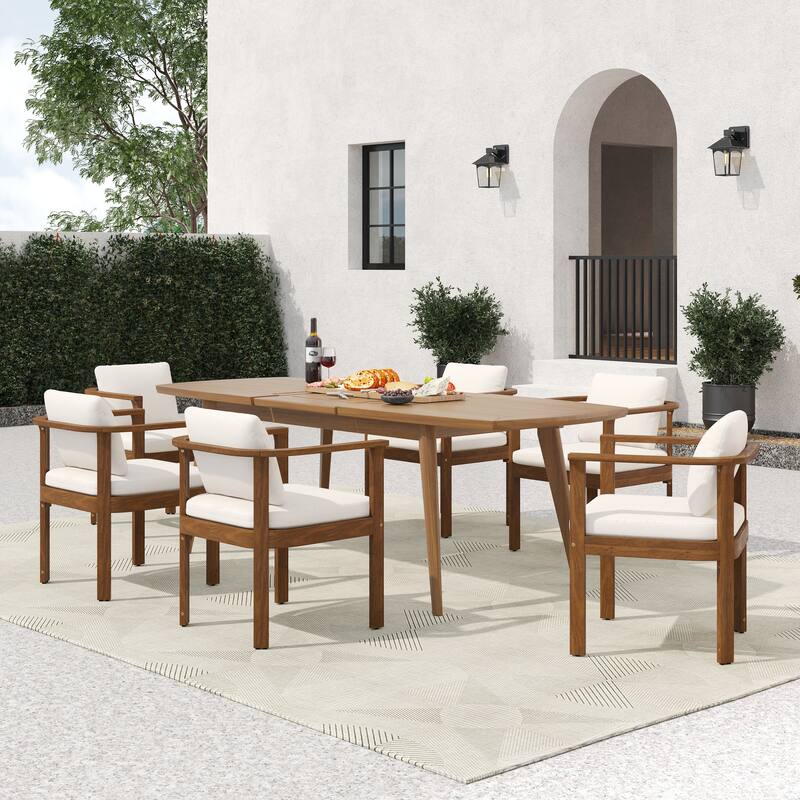 Christopher Knight Home - 7-Piece Outdoor Acacia Wood Dining Set with Curved Arm Chairs & 71" Expandable Dining Table - Brown Finish+Beige