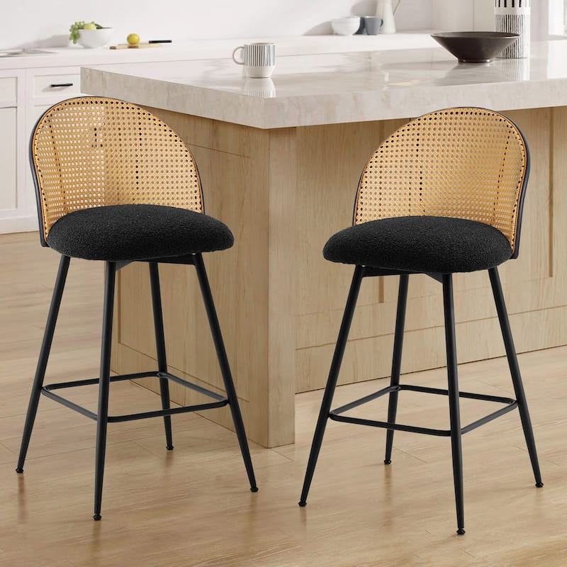 26-Inch Swivel Counter Height Bar Stools with Rattan Back - 36"H x 18.5"W x 19.7"D - Set of 2 - Fabric-Black