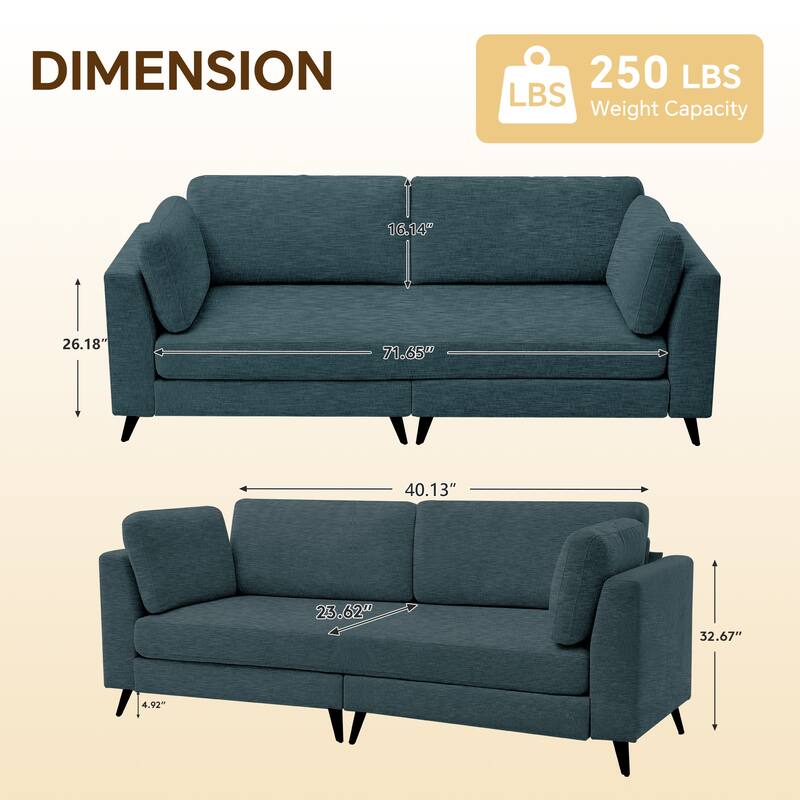 Modern Chenille 2 Seater Sofa Chouch with Bolster Pillows