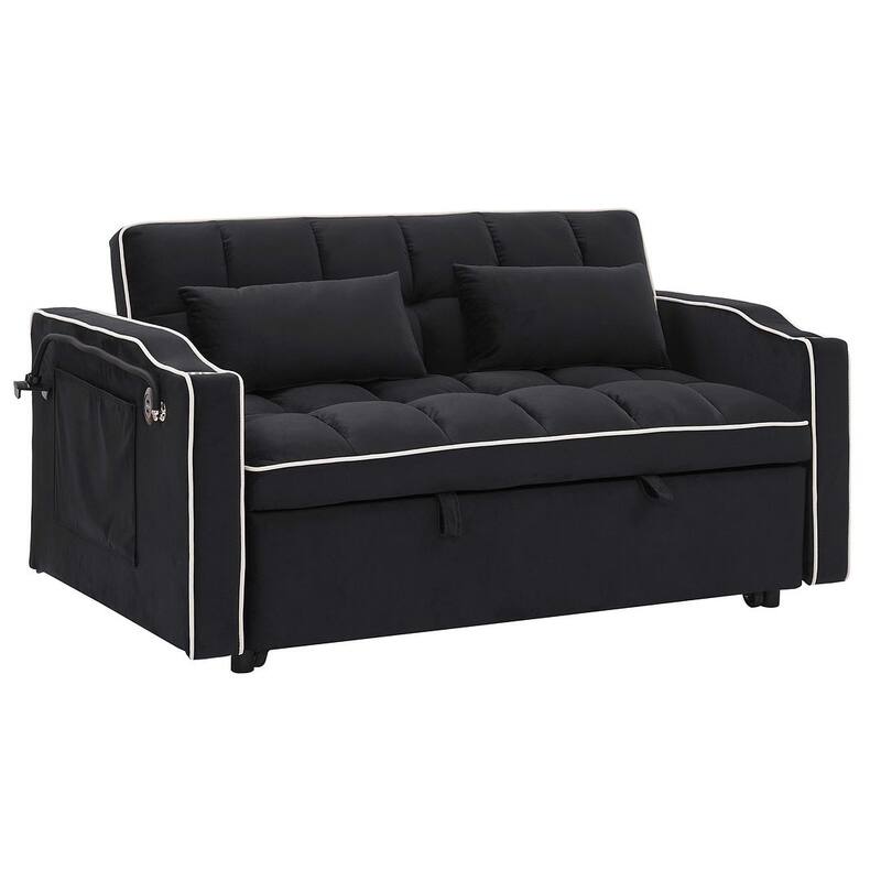 55.51'' Modern Versatile Foldable Sofa Bed With Adjustable Back and USB Port and Ashtray and Swivel Phone Stand