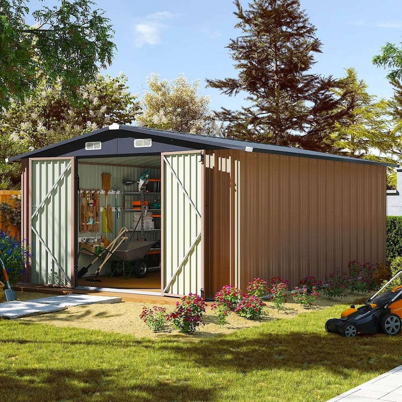 Outdoor Storage Shed with Lockable Doors and Air Vents for Garden - 10'x12' - Without base