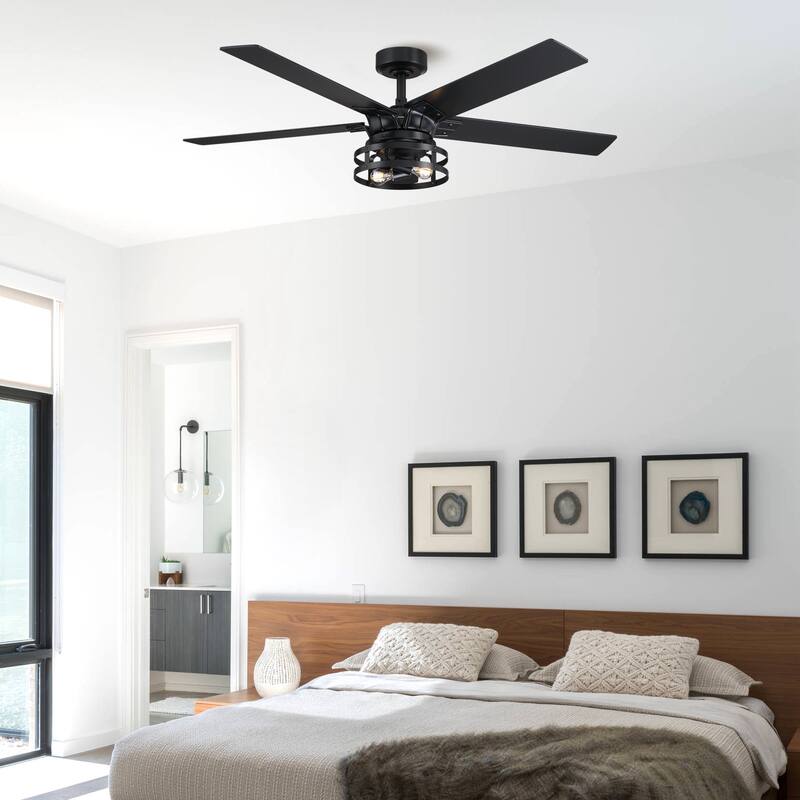 52" Industrial Wood 5-Blade Black Ceiling Fan with Remote and Light Kit