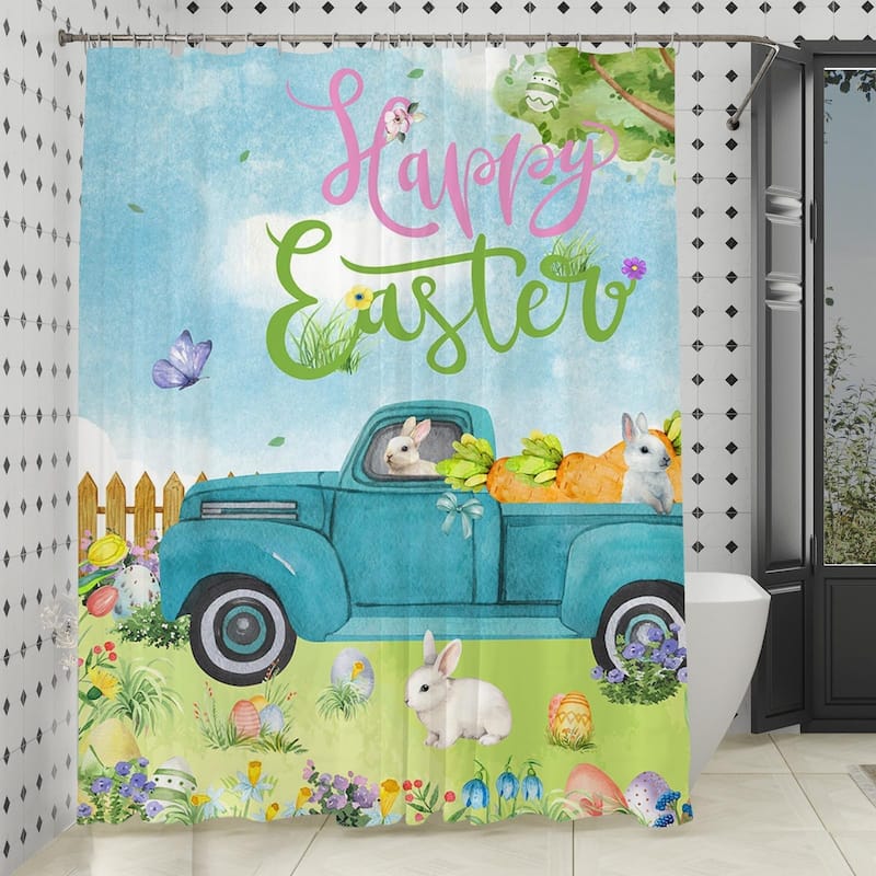 Happy Easter for Bathroom Easter Bunny With Eggs Shower Curtain