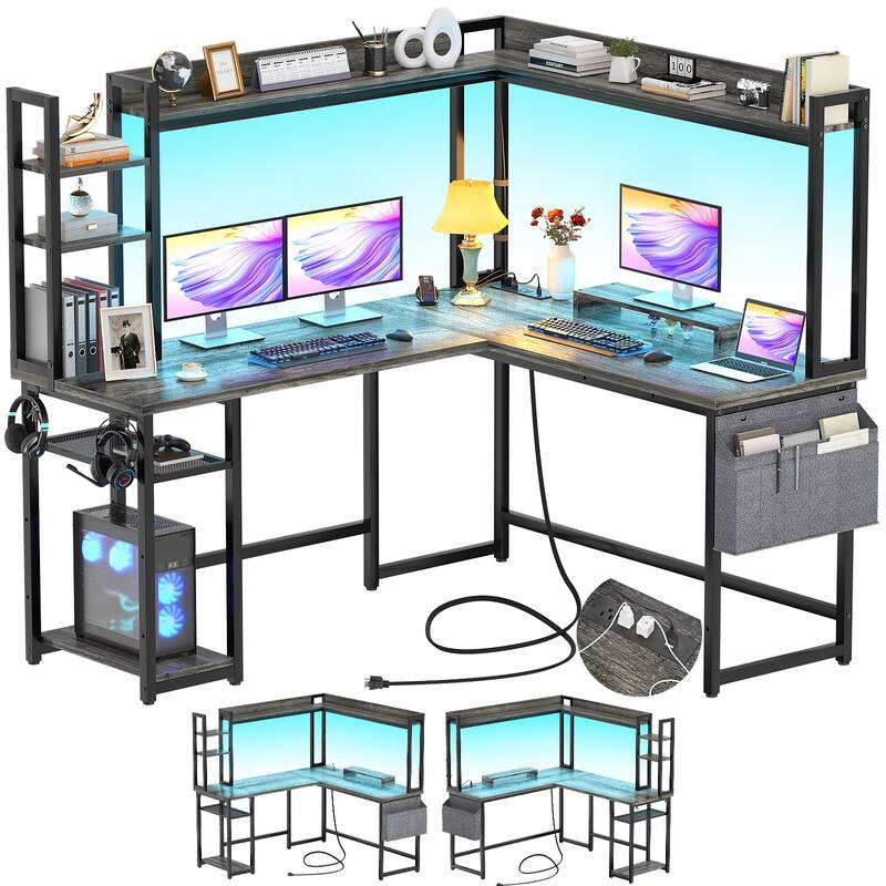 L Shaped Desk with Full Hutch and Power Hub, Corner Desk Computer Desk Office Writing Desk