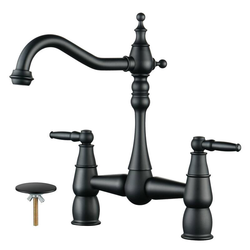 Double Handle Bridge Kitchen Faucet with Sink Hole Cover - Matte Black