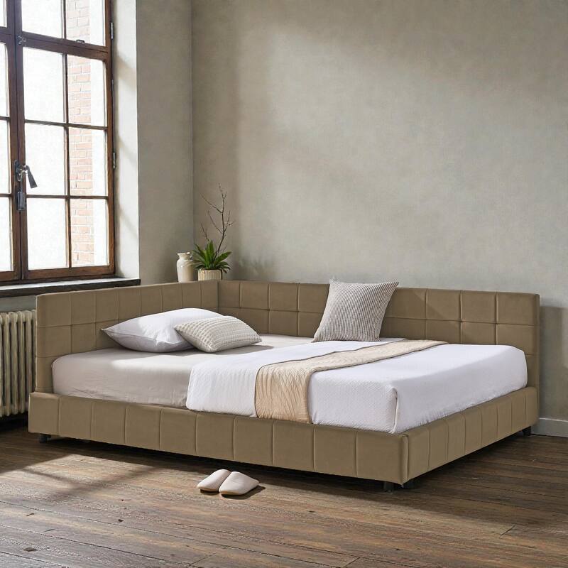 Full Size Velvet Upholstered Tufted Daybed Frame with Backrest and Armrest, Mid-Century Sofa Bed for Bedroom or Living Room - Brown - Full