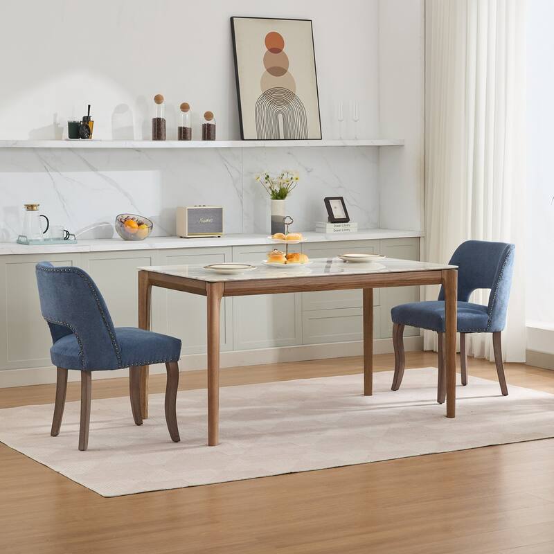 Fabric Upholstered Dining Chairs Set of 2, Kitchen Chairs with Curved Backrest, Accent Chair with Solid Wood Legs