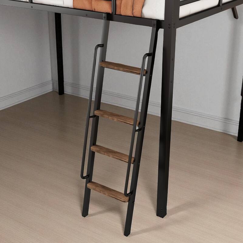 Full/Queen Size Metal Loft Bed with Desk, LED Lights, USB Ports, Shelves, Drawers, and Wardrobe, Black