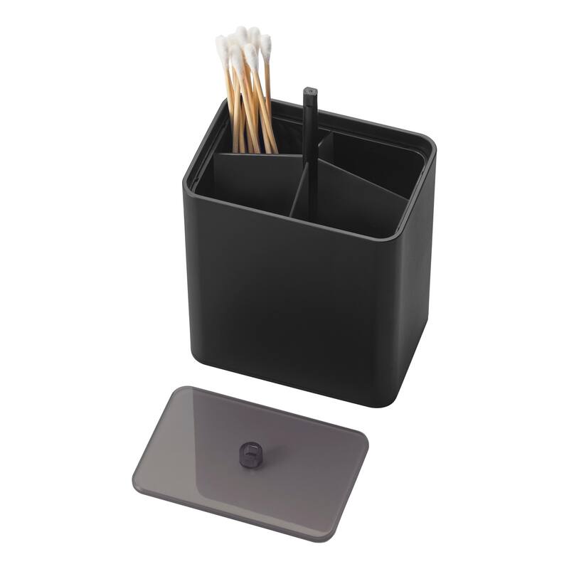 Yamazaki Home Cotton Swab Push-Top Case, ABS Plastic, 200 cotton swabs, Lid - L 2.6 x W 3.78 x H 4.25 inches - Black