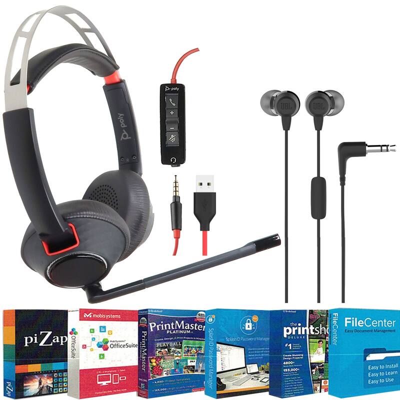 Poly Blackwire 5220 Stereo Wired Headset, Dual Ear Headset + Printer Essentials Digital Download Card for PC + In-Ear Headphones - Black
