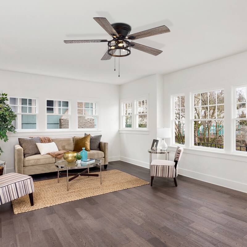 52" 5 Blades Black Ceiling Fan with Light and Pull Chain - 52 Inch