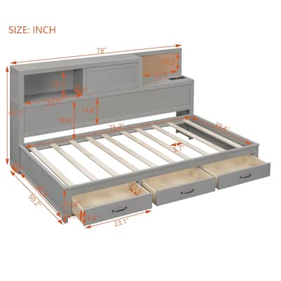 Wooden Daybed with 3 Storage Drawers and a set of Sockets and USB Ports